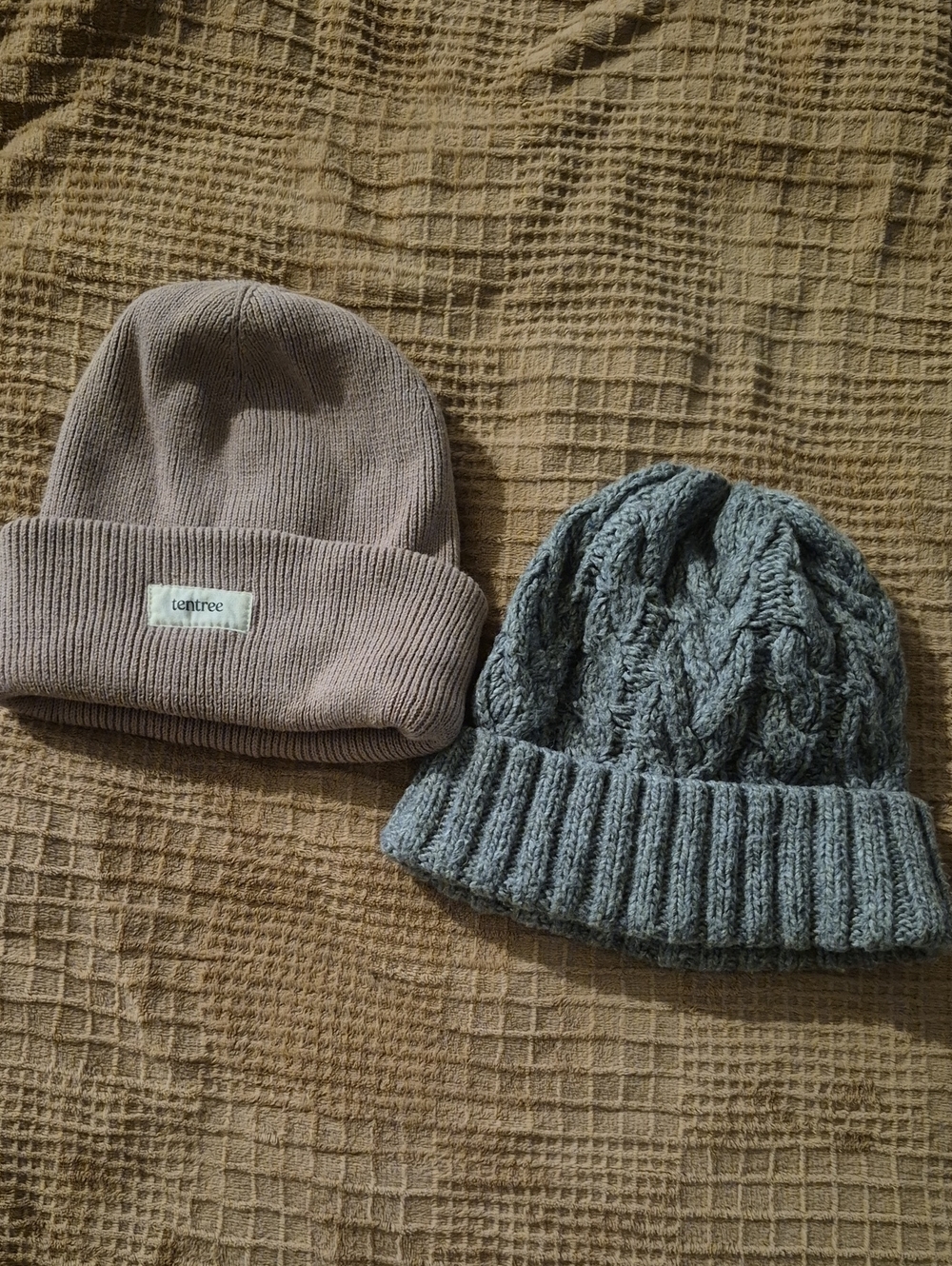 tentree Mauve Ribbed Beanie and Gray Cable Knit Beanie Set